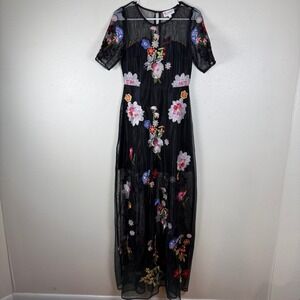 L'atiste by Amy Black Floral Embroidered Mesh Maxi Dress Womens Small